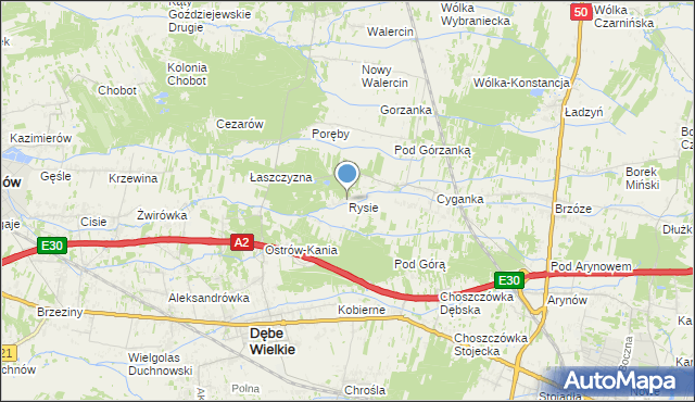 mapa Rysie, Rysie gmina Dębe Wielkie na mapie Targeo